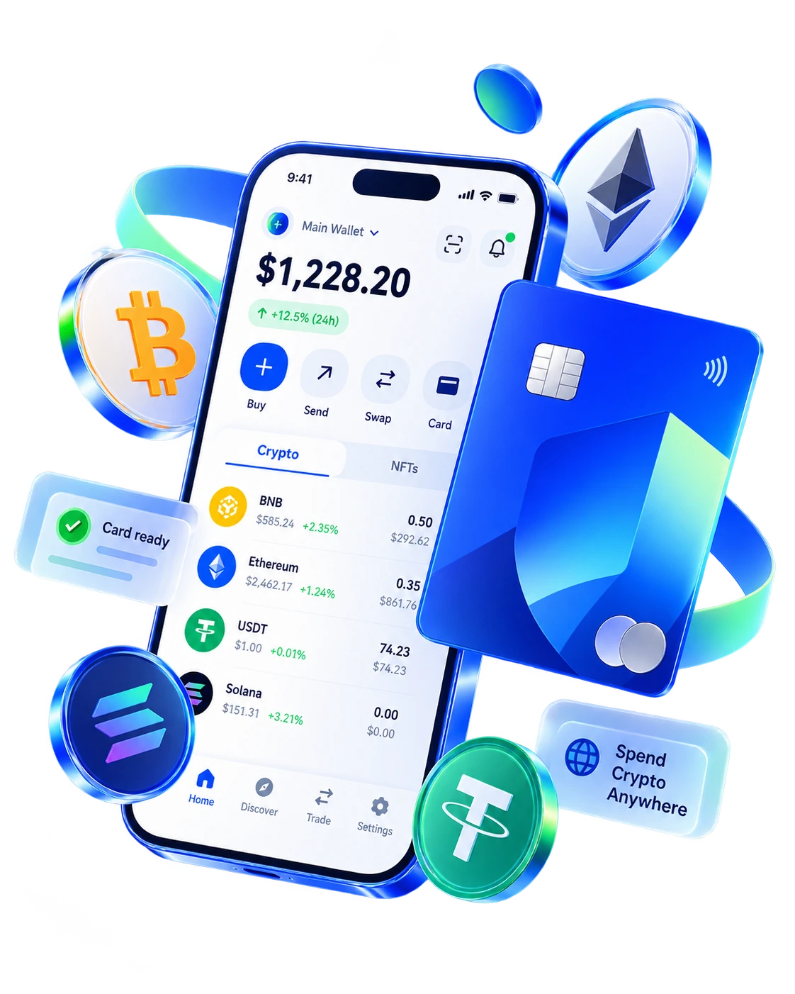 Trust Wallet Card concept — modern crypto wallet and blue card illustration